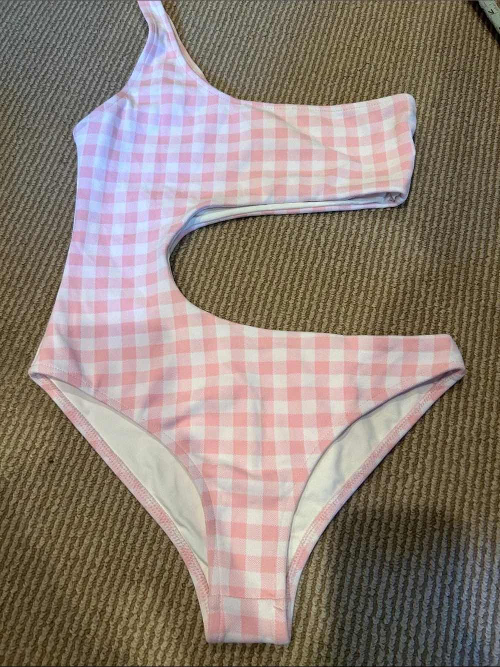 NWOT FRANKIES Bikinis cash one piece one shoulder in pink picnic gingham size S